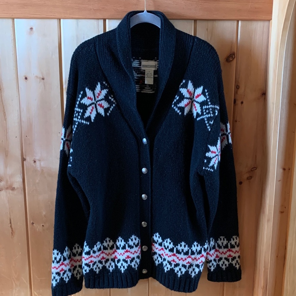 Vintage Wool Nordic Black and White Cardigan with Snowflake Pattern Size XL